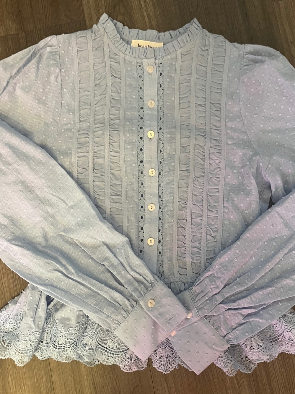 Heartloom light blue blouse ruffles ladies small 100% cotton Victorian prairie